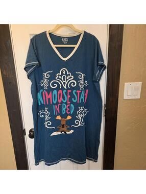 Lazy One Blue Cotton Nightshirt with Moose Graphic Size L/XL